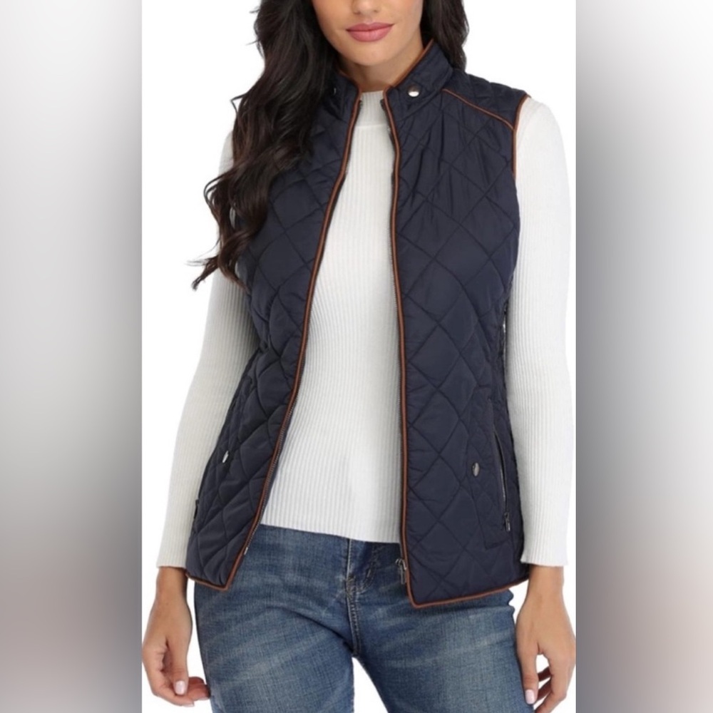 Love Tree Navy Quilted Fitted Vest with Brown and Gold Accents - size L